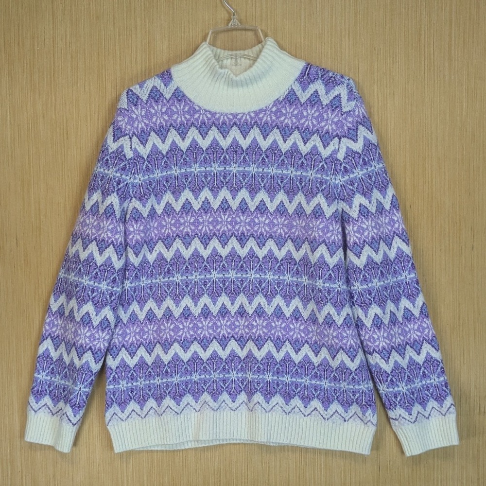 Talbots Purple Geometric Fair Isle Turtleneck Sweater Cozy‎ Soft Women's Large